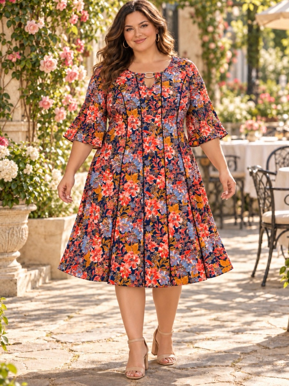 Sami & Jo Plus Navy Floral Bell Sleeve Maxi Dress Ring Keyhole 1X